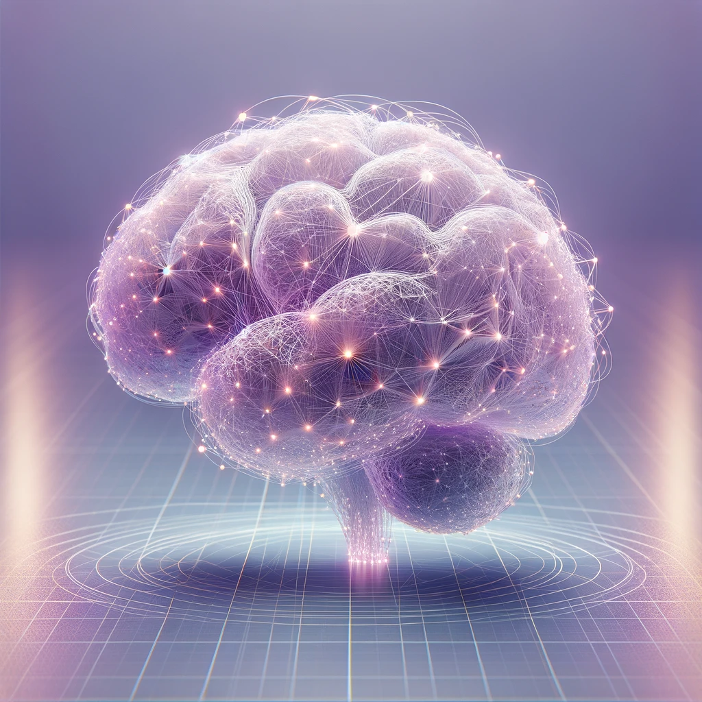 DALL·E 2024-03-28 08.43.02 - A 3D digital art piece showcasing a brain made of soft, glowing wires in pastel purple hues, representing a fusion of biology and technology. The brai